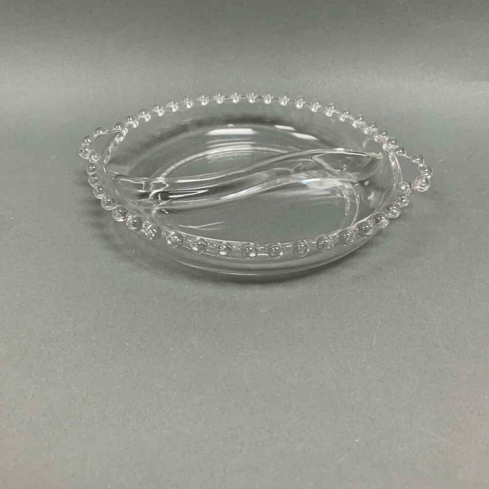 Ohio Imperial‎ Glass Divided Bowl Plate Clear Beaded Candlewick Handles